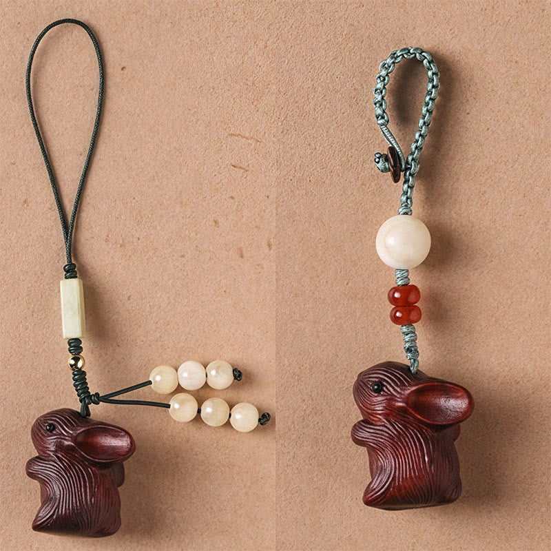 Sandalwood Small Leaf Red Sandalwood Lucky Mini Rabbit Protection Key Chain Phone Hanging Decoration