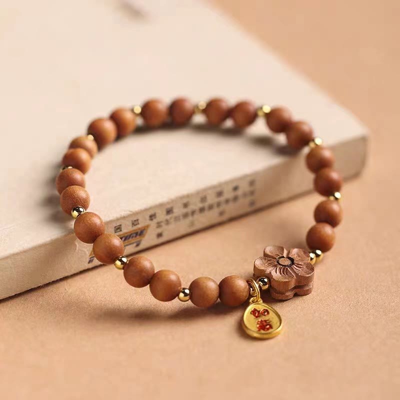 Natural Sandalwood Peach Blossom Small Leaf Red Sandalwood Ruyi Charm Protection Bracelet