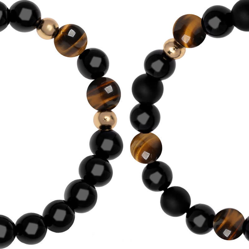 Black Onyx Tiger Eye Bead Lion Engraved Protection Bracelet