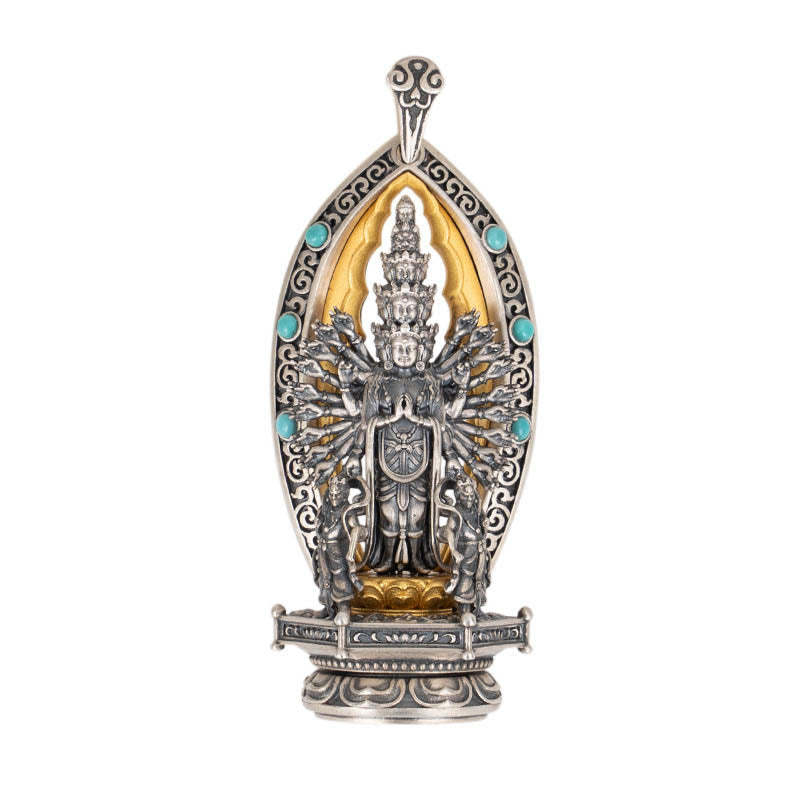 925 Sterling Silver Thousand-armed Guanyin Kwan Yin Avalokite?vara Wealth Necklace Pendant