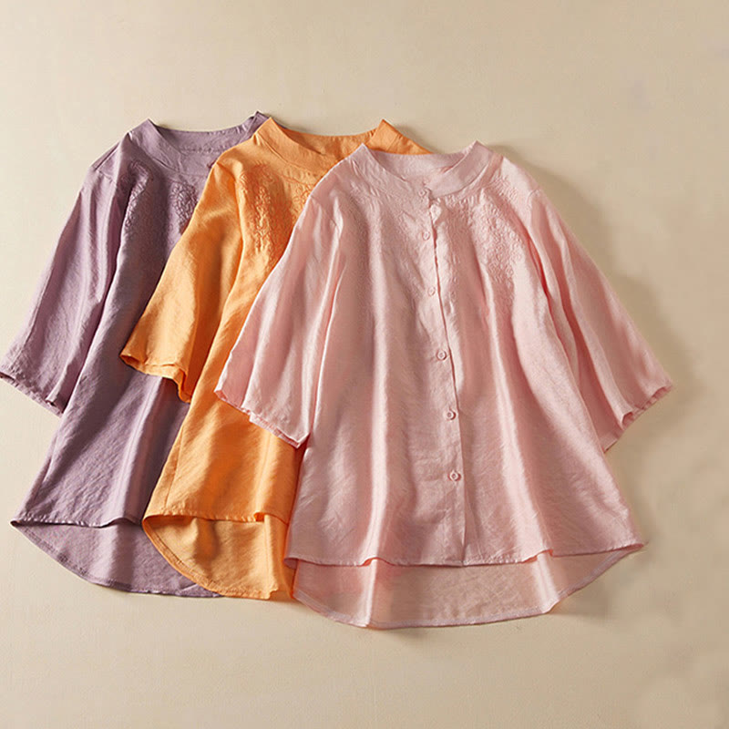 Casual Women's Embroidered Stand Collar Design Cardigan Half Sleeve Cotton Linen Shirt