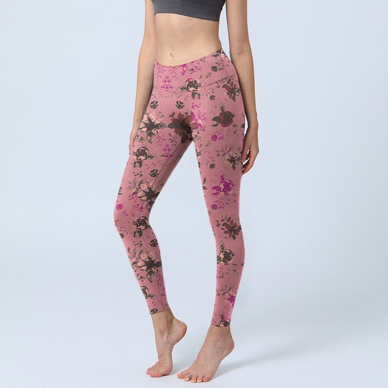 Red Roses Pink Leaves Print Sports Fitness Leggings Women's Yoga Pants