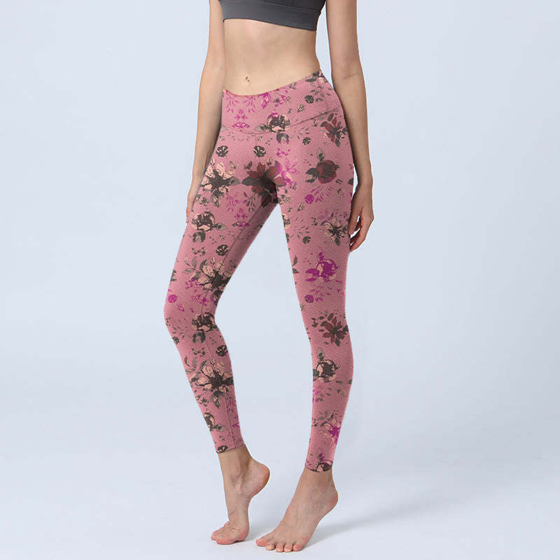 Red Roses Pink Leaves Print Sports Fitness Leggings Women's Yoga Pants