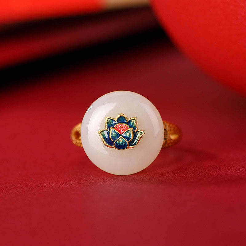 925 Sterling Silver Plated Gold Hetian Jade Lotus Luck Ring Earrings Set