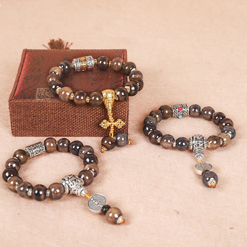Tibet Om Mani Padme Hum Prayer Wheel Dorje Vajra Engraved Glass Bead Wisdom Bracelet