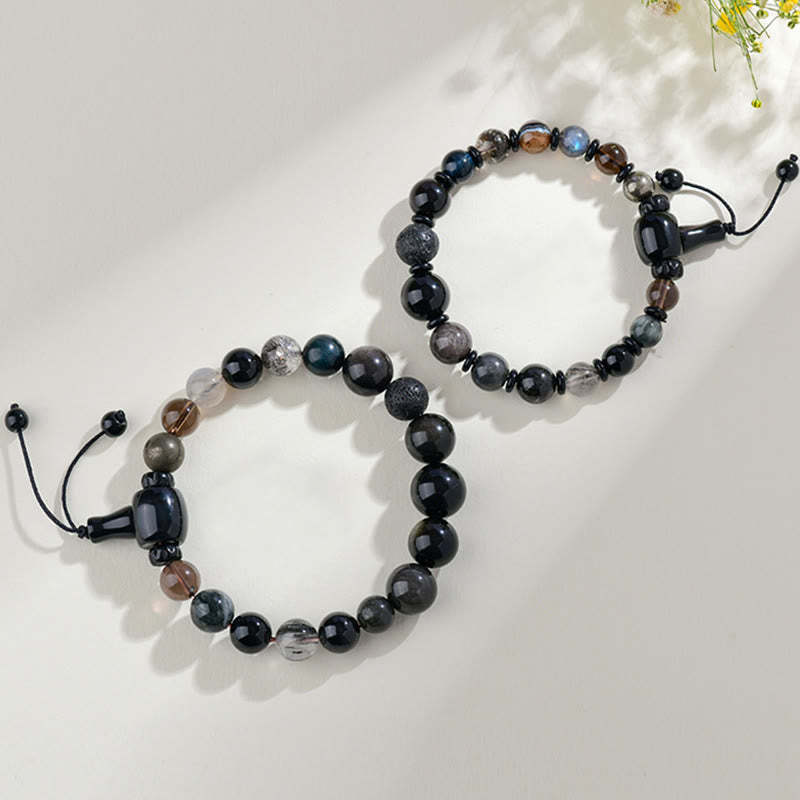 Five Elements Various Crystal Black Obsidian Wealth Wisdom Bracelet