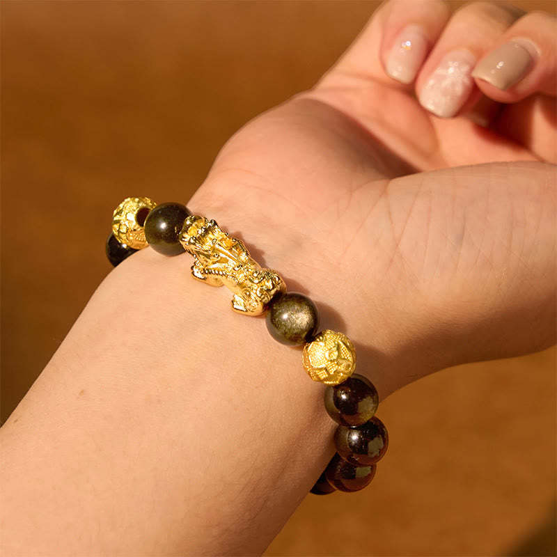Natural Gold Sheen Obsidian PiXiu Om Mani Padme Hum Wealth Bracelet