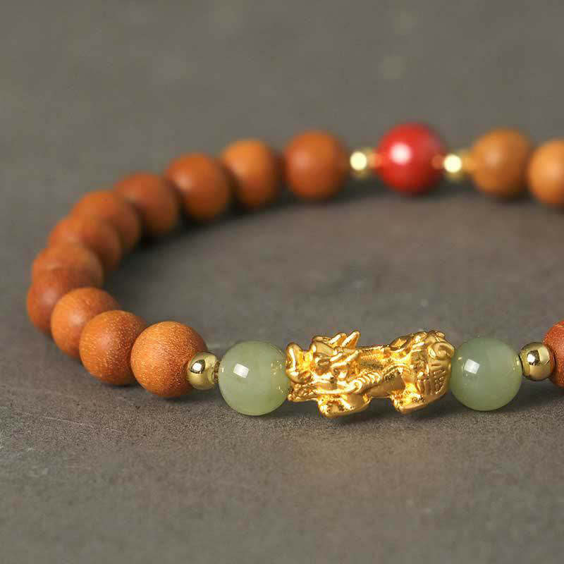 999 Sterling Silver Sandalwood Ebony Wood Small Leaf Red Sandalwood Hetian Jade Cinnabar PiXiu Wealth Bracelet
