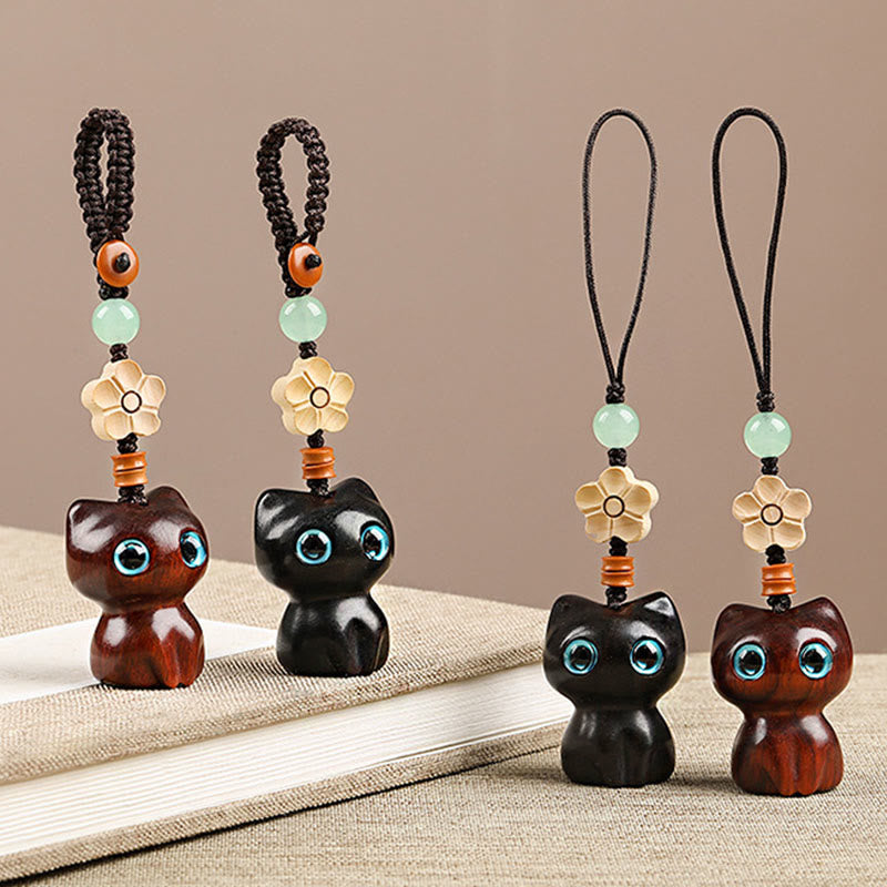 Mini Small Leaf Red Sandalwood Ebony Wood Lucky Cat Lovely Kitty Peace Key Chain Phone Hanging Decoration