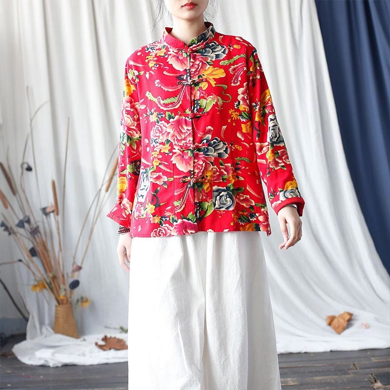 Ethnic Red Flower Peony Frog-Button Cotton Linen Long Sleeve Shirt Jacket With Pockets