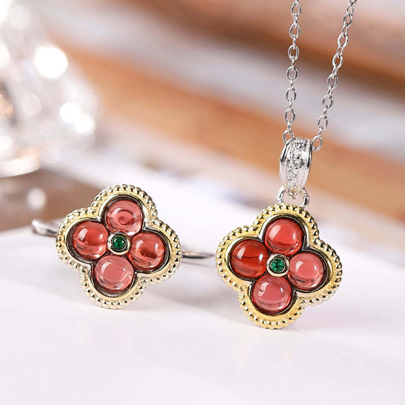 925 Sterling Silver Natural Garnet Four-leaf Clover Protection Necklace Pendant Ring