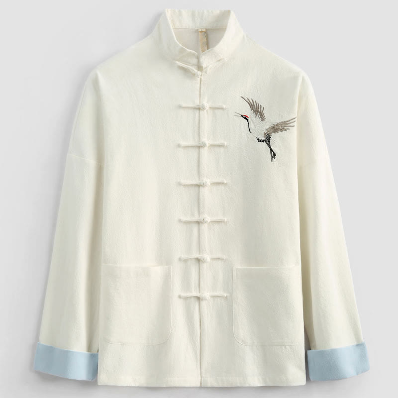 Chinese New Year Crane Embroidery Tang Suit Hanfu Long Sleeve Top Pants Clothing  Cotton Linen Men's Set With Pockets