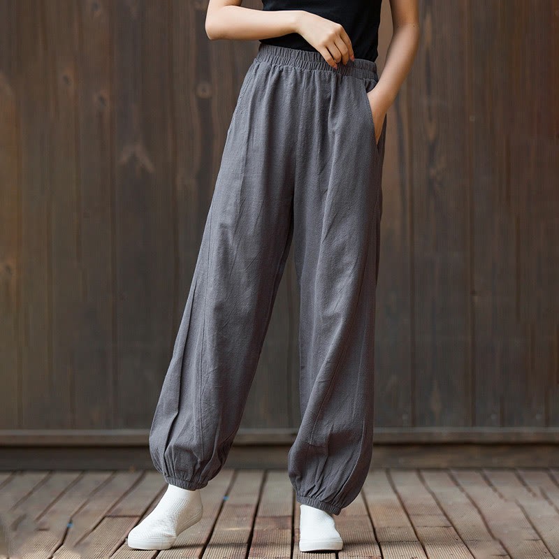 Casual Solid Plain Color Carrot Elastic Waistband Cotton Ramie Women's Pants With Pockets