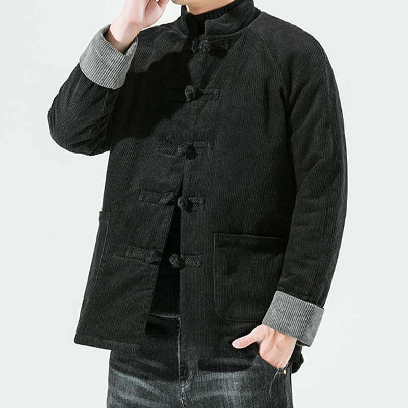 Frog-Button Chinese Tang Suit Stand Collar Long Shirt Corduroy Men Cotton Jacket Clothing