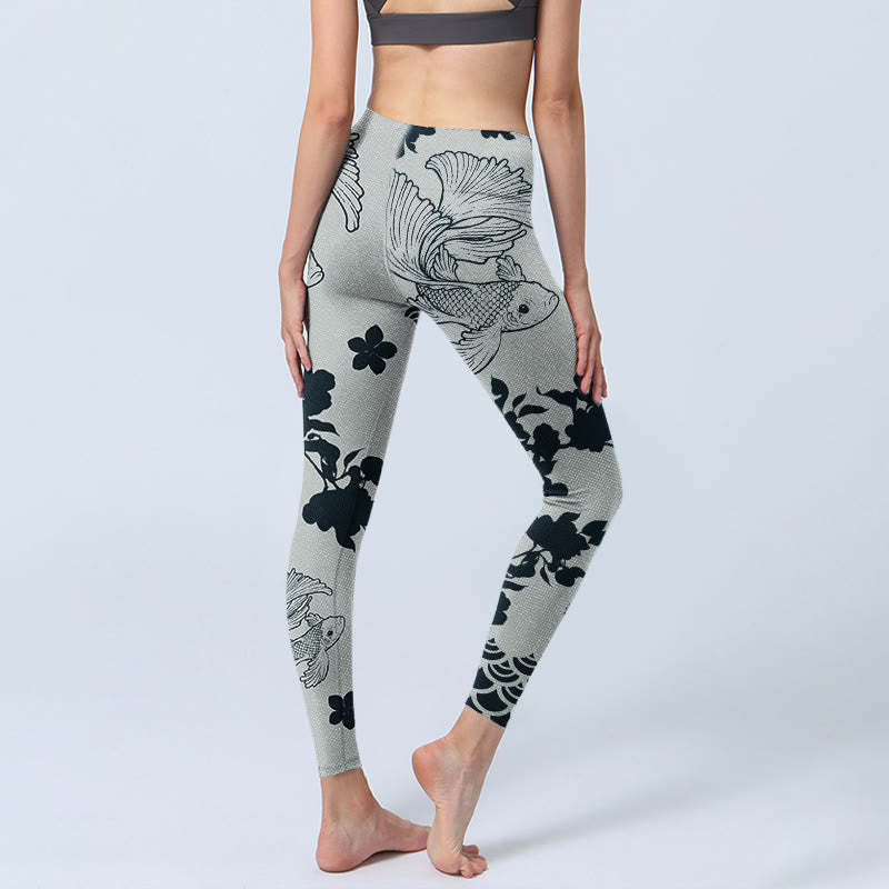Gray Koi Fish Floral Waves Print Gym Leggings Women's Yoga Pants