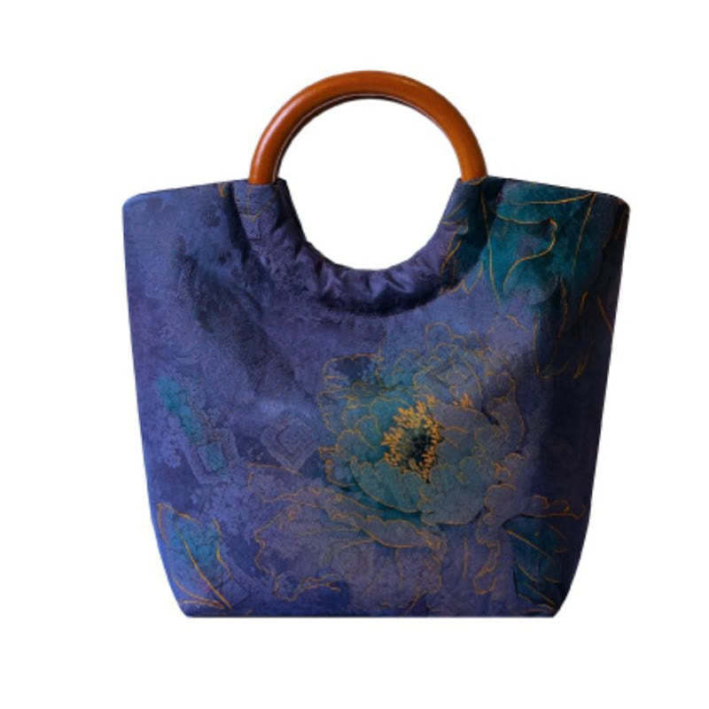 Peony Flower Bamboo Leaves Bird Solid Wood Handle Handbag