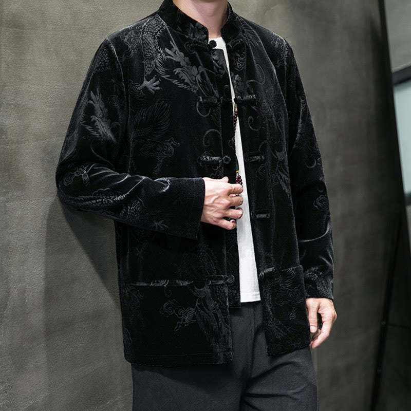 Men's Frog-button Tang Suit Dragon Pattern Lisvelte Cotton Jacket Shirt With Pockets