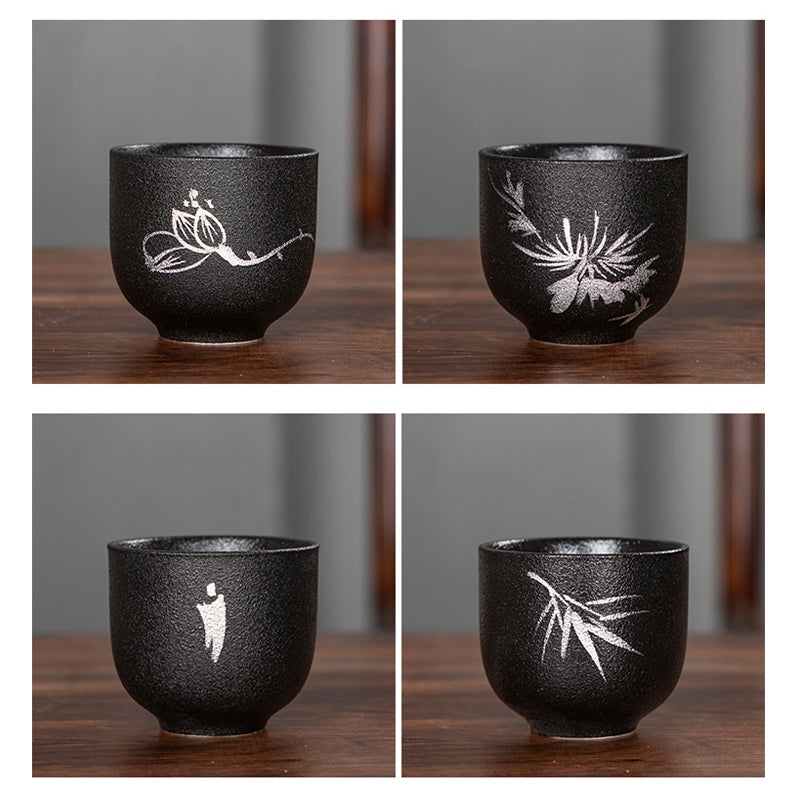 Hand Painted Lotus Flower Bamboo Chrysanthemum Black Pottery Ceramic Teacup Kung Fu Tea Cup 95ml