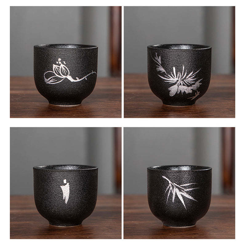 Hand Painted Lotus Flower Bamboo Chrysanthemum Black Pottery Ceramic Teacup Kung Fu Tea Cup 95ml