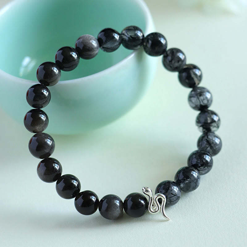 Natural Sun Stone Super Seven Crystal Silver Sheen Obsidian Rutilated Quartz 925 Sterling Silver Year Of The Snake Positive Bracelet