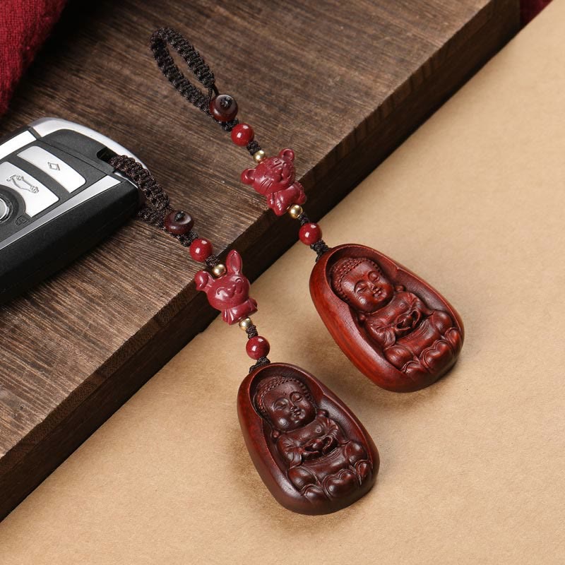 Small Leaf Red Sandalwood mystic zen Cinnabar Chinese Zodiac Amulet Protection Key Chain