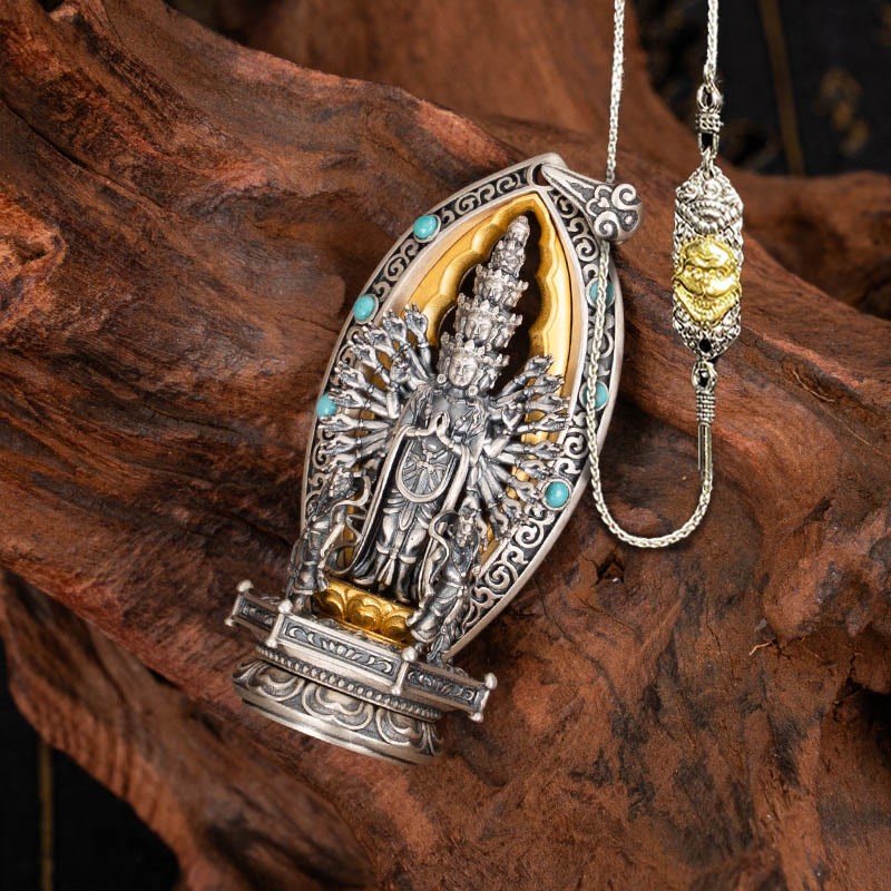 925 Sterling Silver Thousand-armed Guanyin Kwan Yin Avalokite?vara Wealth Necklace Pendant