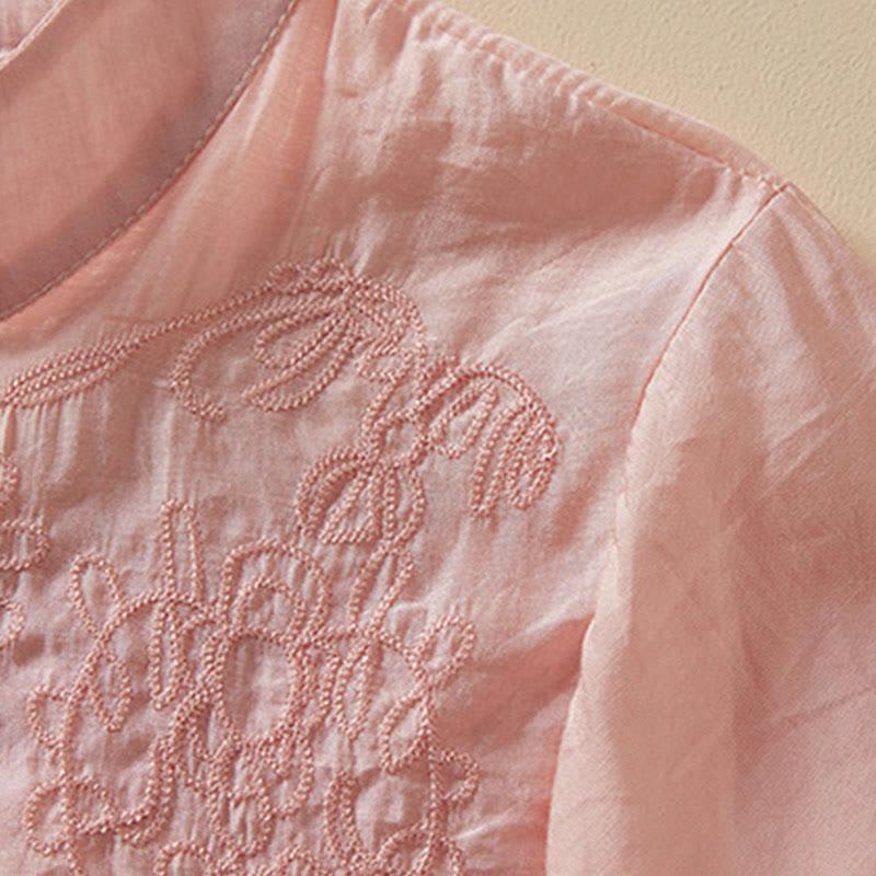 Casual Women's Embroidered Stand Collar Design Cardigan Half Sleeve Cotton Linen Shirt