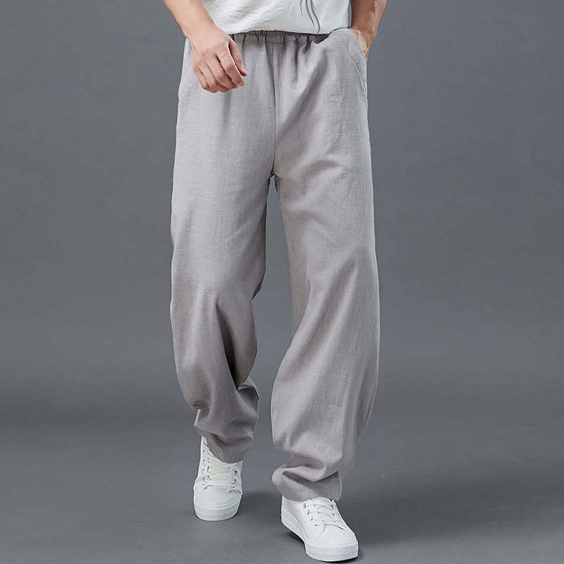 Plain Color Elastic Waist Ramie Linen Men's Pants With Pockets