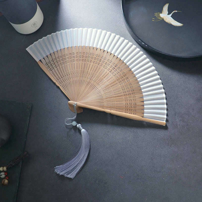 Flower Plain Handheld Polyester Tassel Bamboo Folding Fan 21cm