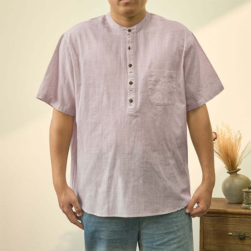 Men's Summer Solid Color Short Sleeve Half Button Cotton Linen Shirt