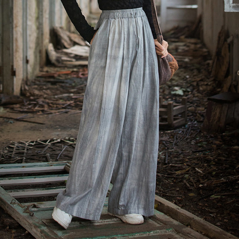 Casual Plain Loose Handmade Tie-Dye Women's Ramie Cotton Wide Leg Pants With Pockets
