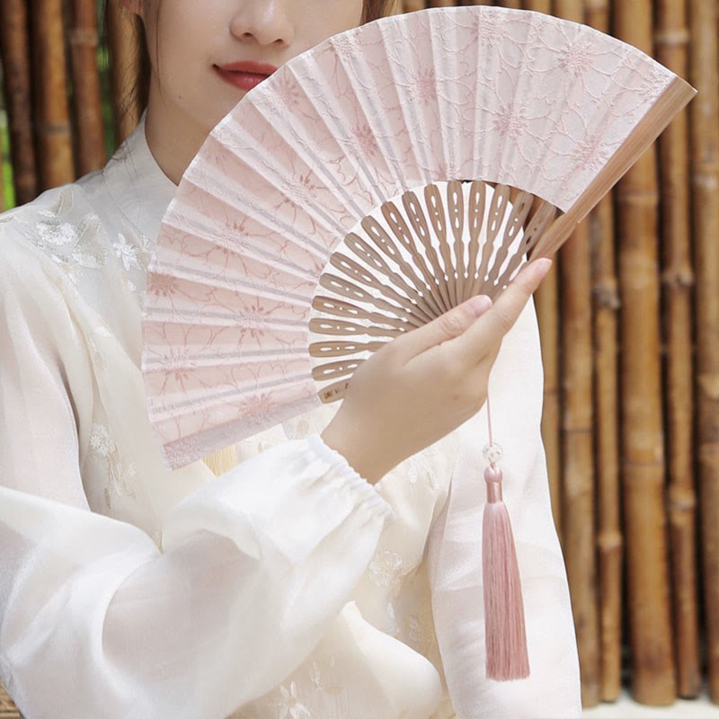 Solid Color Hollow Flowers Embroidery Cotton Fabric Handheld Bamboo Folding Fan