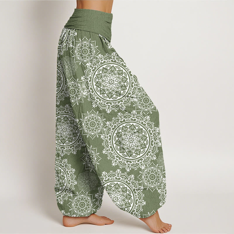 Casual White Mandala Flower Design Women's Elastic Waist Harem Pants