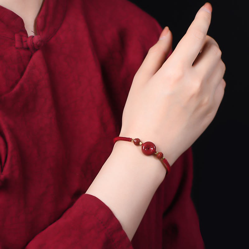 Handmade Cinnabar Peace Buckle Lotus Calm Blessing Braided Rope Bracelet