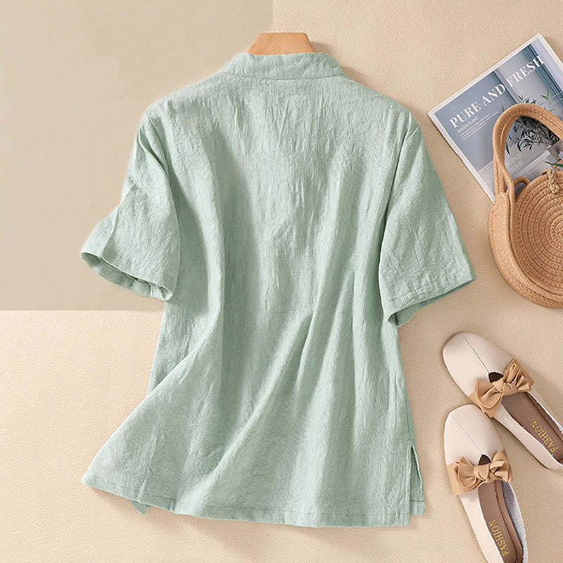 Plum Blossom Embroidery Frog-Button Short Sleeve Cotton Linen Shirt