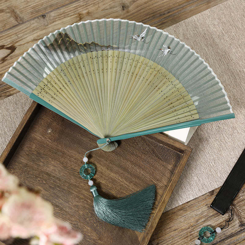 Retro Mountain River Crane Silk Handheld Bamboo Folding Fan