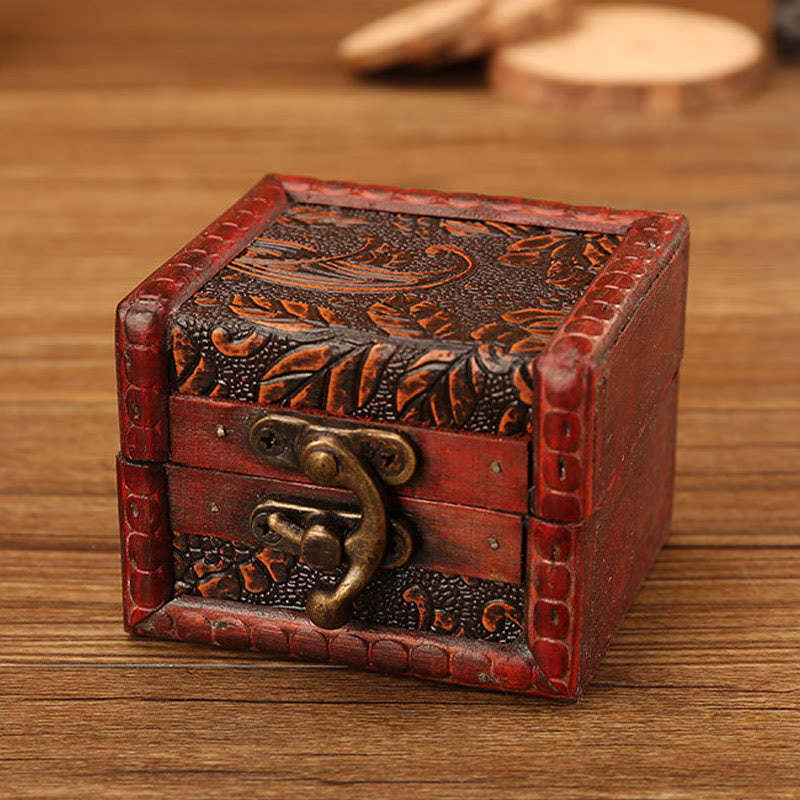 Retro Small Square Wood Jewelry Box Lotus Grass Flower Grape Copper Coin Daffodil Jewelry Storage Box