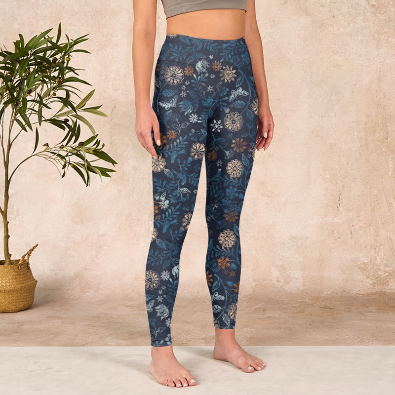 New York Aster Flowers Leaves Print Gym Fitness Leggings Women's Yoga Pants