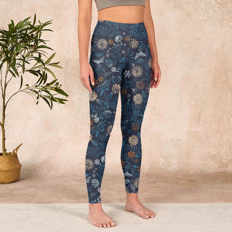 New York Aster Flowers Leaves Print Gym Fitness Leggings Women's Yoga Pants