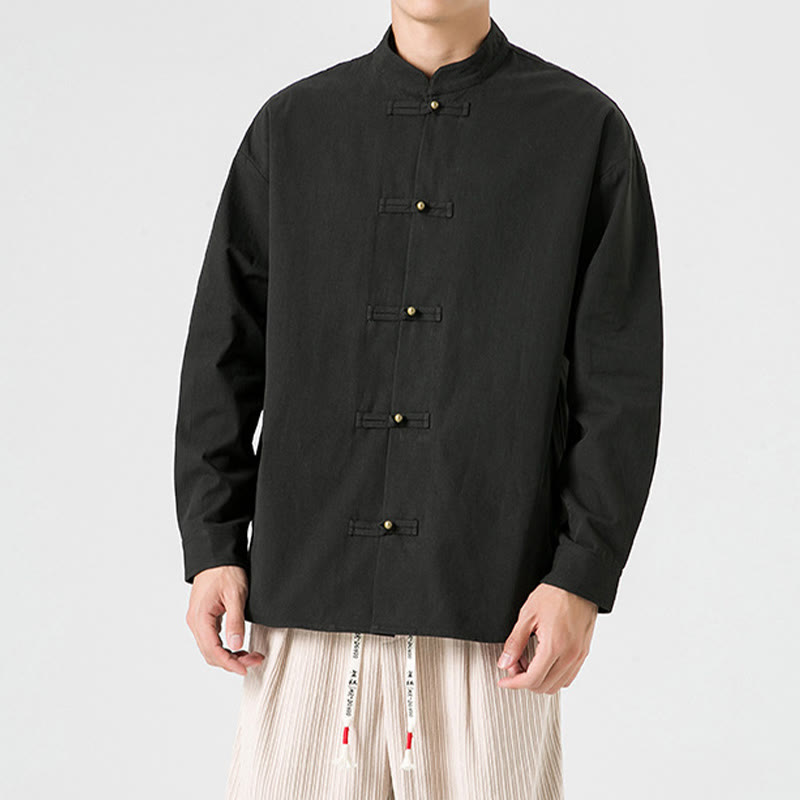 Solid Color Frog-button Tang Suit Cotton Men's Jacket Shirt