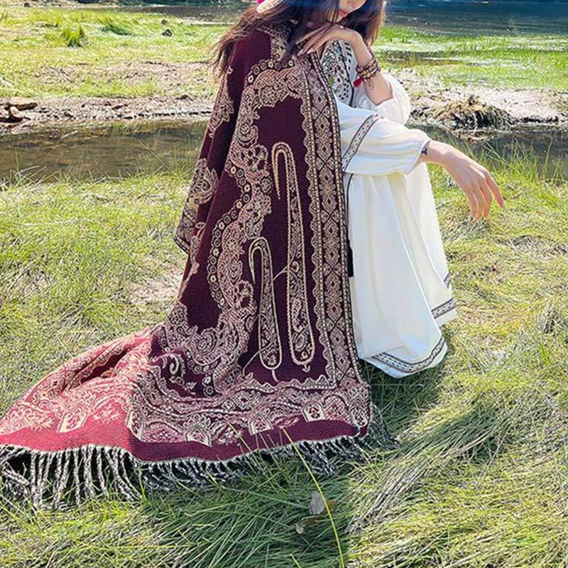 Vintage Tibetan Leaves Pattern Design Shawl Cozy Travel Scarf Wrap
