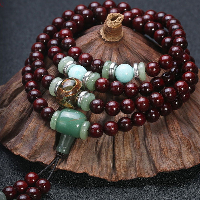 108 Beads Small Leaf Red Sandalwood Green Aventurine Amazonite Luck Healing Bracelet Mala