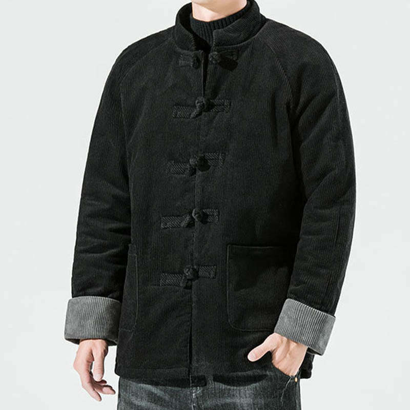 Frog-Button Chinese Tang Suit Stand Collar Long Shirt Corduroy Men Cotton Jacket Clothing