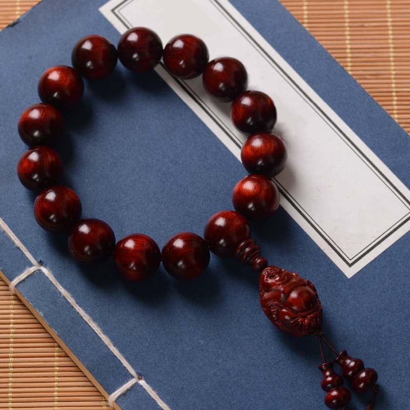 Small Leaf Red Sandalwood Laughing mystic zen God of Wealth Protection Bracelet