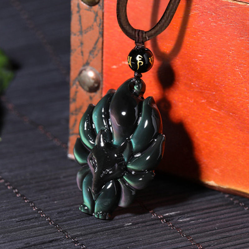 Natural Rainbow Obsidian Gold Sheen Obsidian Nine Tailed Fox Positive Necklace Pendant