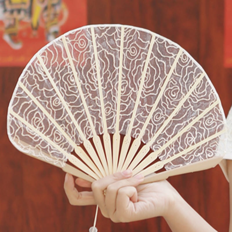 Rose Embroidery Lace Shell Shape Tassels Handheld Bamboo Folding Fan