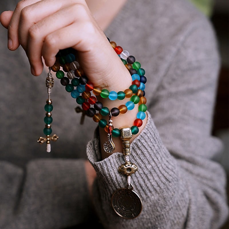 Tibetan 108 Mala Beads Multicolored Liuli Glass Bead Chinese Zodiac Nine Palaces Eight Diagrams Charm Bracelet