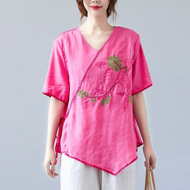Summer Casual Ethnic Embroidery Flower Lace-up Short Sleeve V-neck Cotton Linen Women's T-Shirt