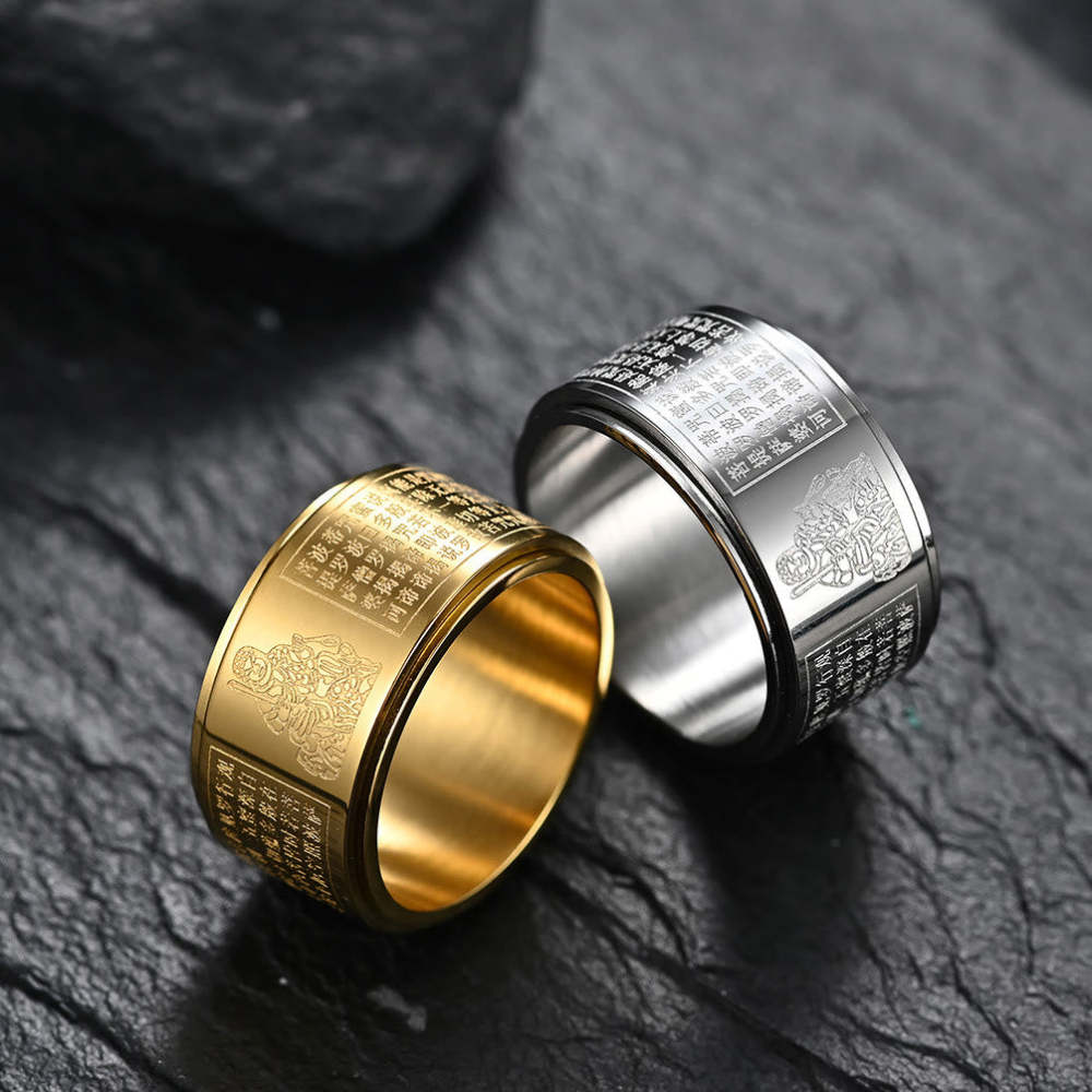 Chinese Zodiac Natal mystic zen Heart Sutra Carved Titanium Steel Calm Rotatable Ring
