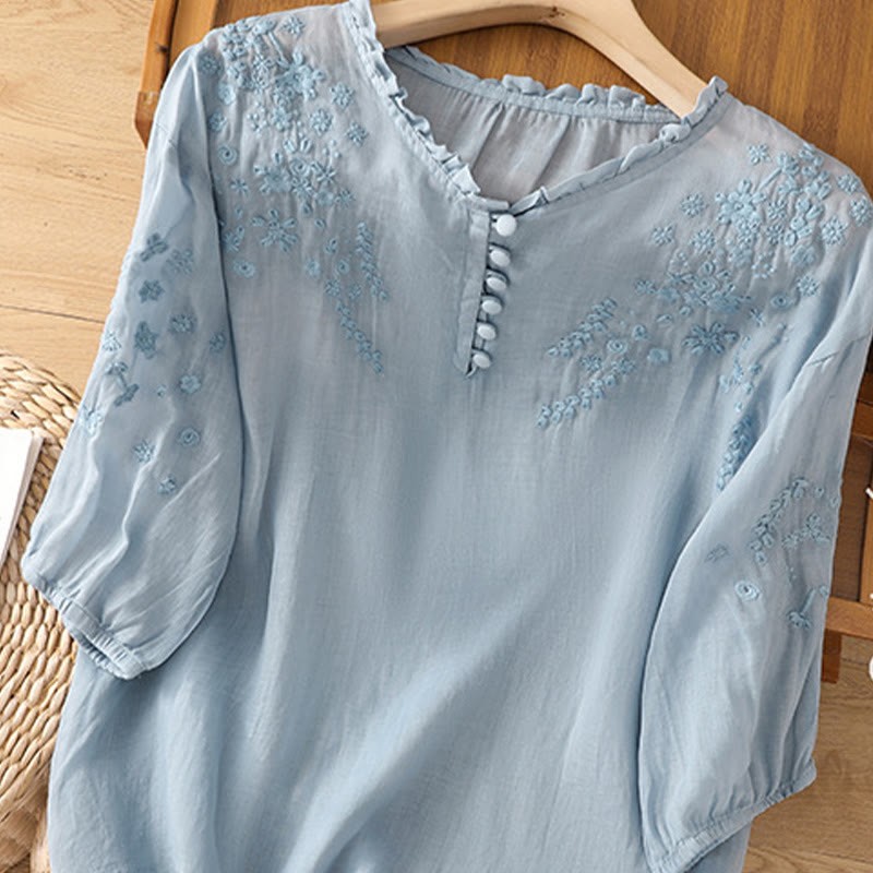 Casual Plain Button Floral Embroidered Design Puff Half Sleeve Cotton Linen Women's Shirt